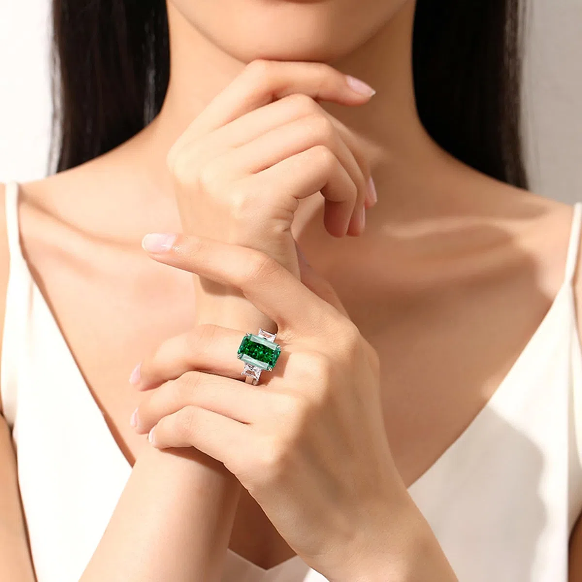 Anillo de compromiso de oro blanco de 14 quilates para mujer, anillo de boda rectangular para mujer, tamaño H 1/2-V 1/2