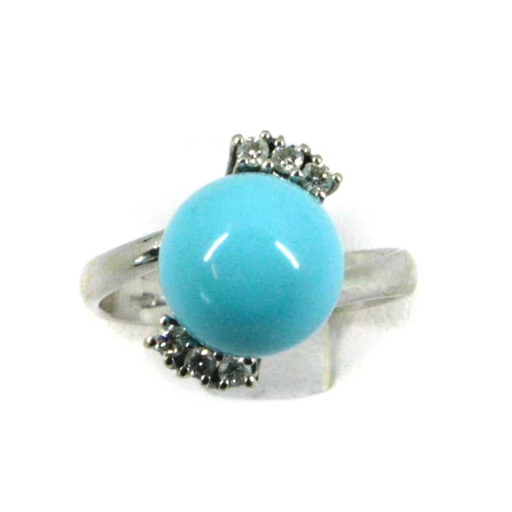 Generico Anillo de oro blanco de 18 quilates 750 con bola central de pasta de turquesa de 10 mm y 6 diamantes., Oro, Pasta de turquesa Diamante