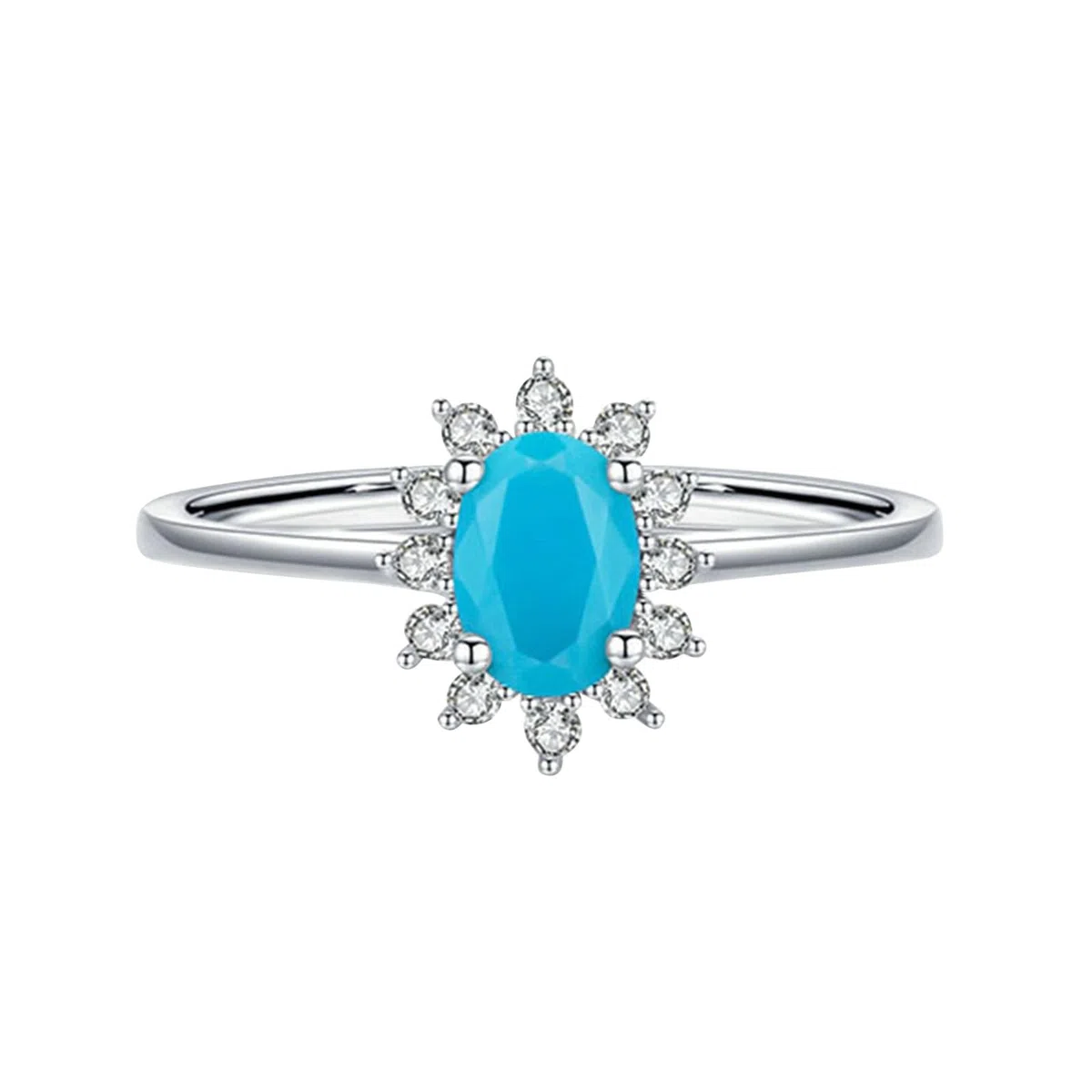Anillo de oro blanco 375 585 750 para mujer, anillo de boda con flor ovalada turquesa y diamante, anillos de compromiso para mujer, talla 50 (15,9) - 62 (19,7)