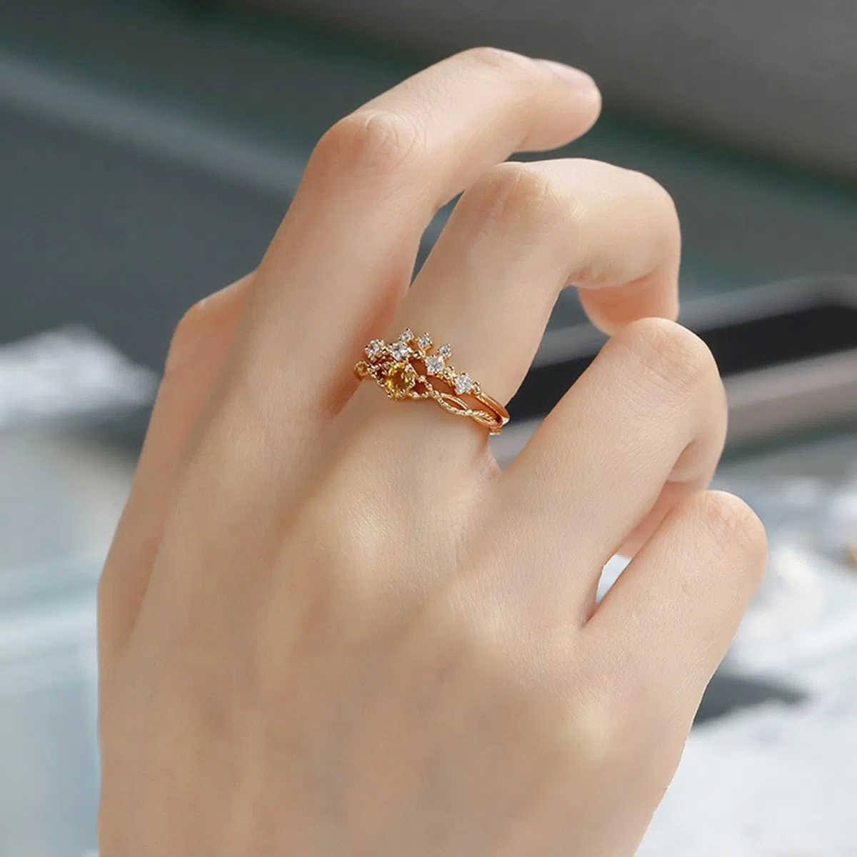Gold Au 375/585/750 - Juego de 2 anillos de pareja con forma ovalada de citrino