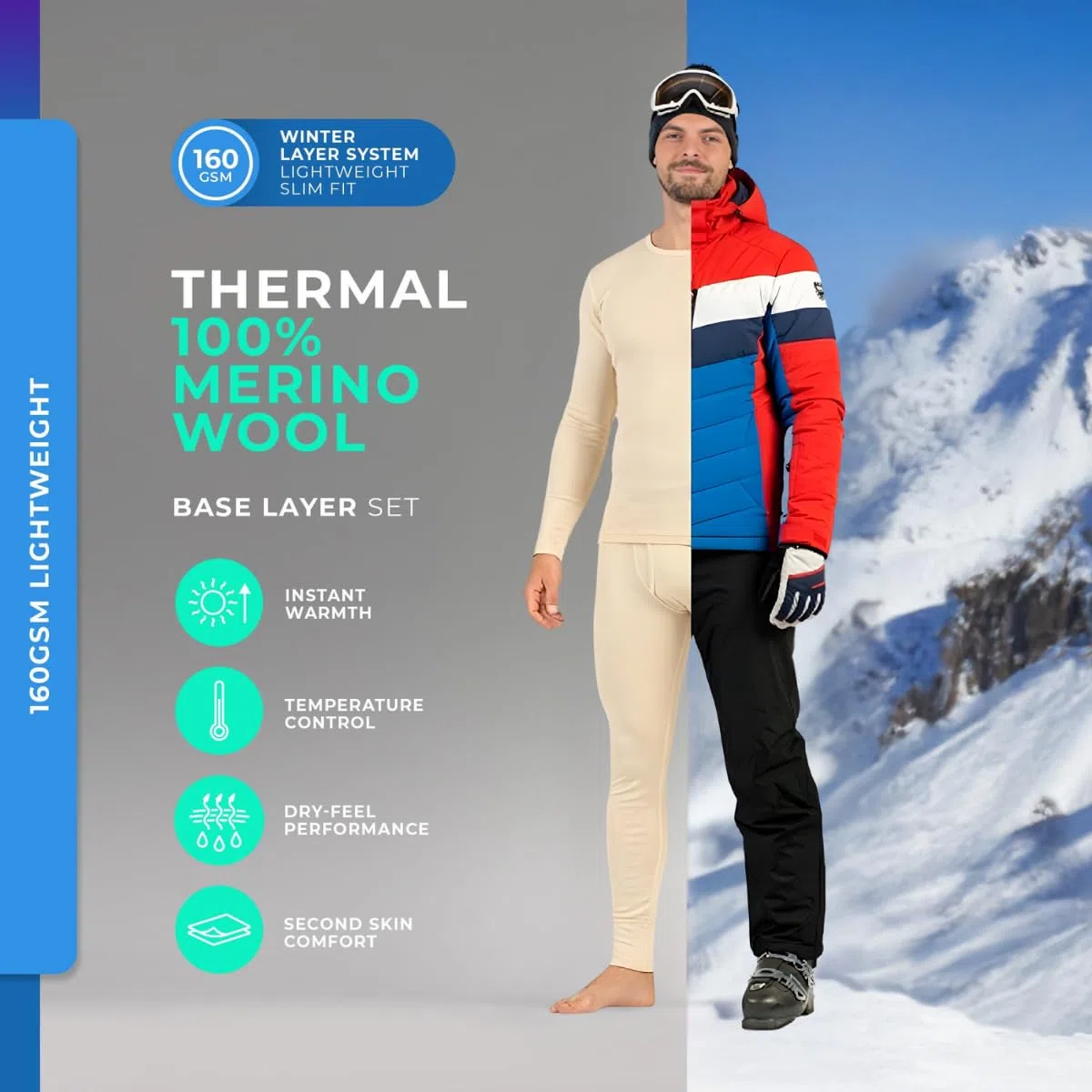 menique Conjunto de ropa deportiva para hombre, camisa de manga larga y leggings, merino, 160 g/m²