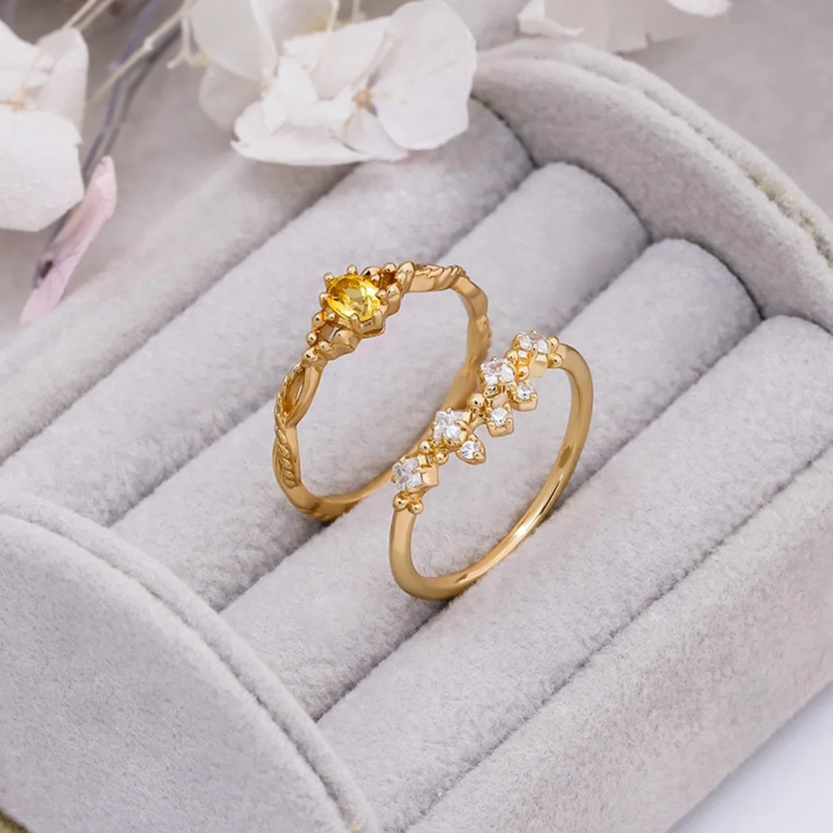 Gold Au 375/585/750 - Juego de 2 anillos de pareja con forma ovalada de citrino