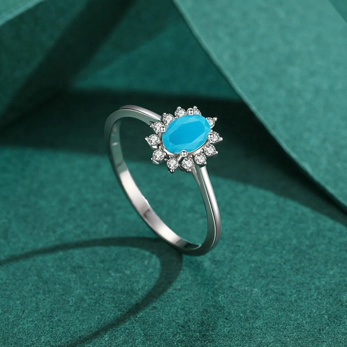 Anillo de oro blanco 375 585 750 para mujer, anillo de boda con flor ovalada turquesa y diamante, anillos de compromiso para mujer, talla 50 (15,9) - 62 (19,7)