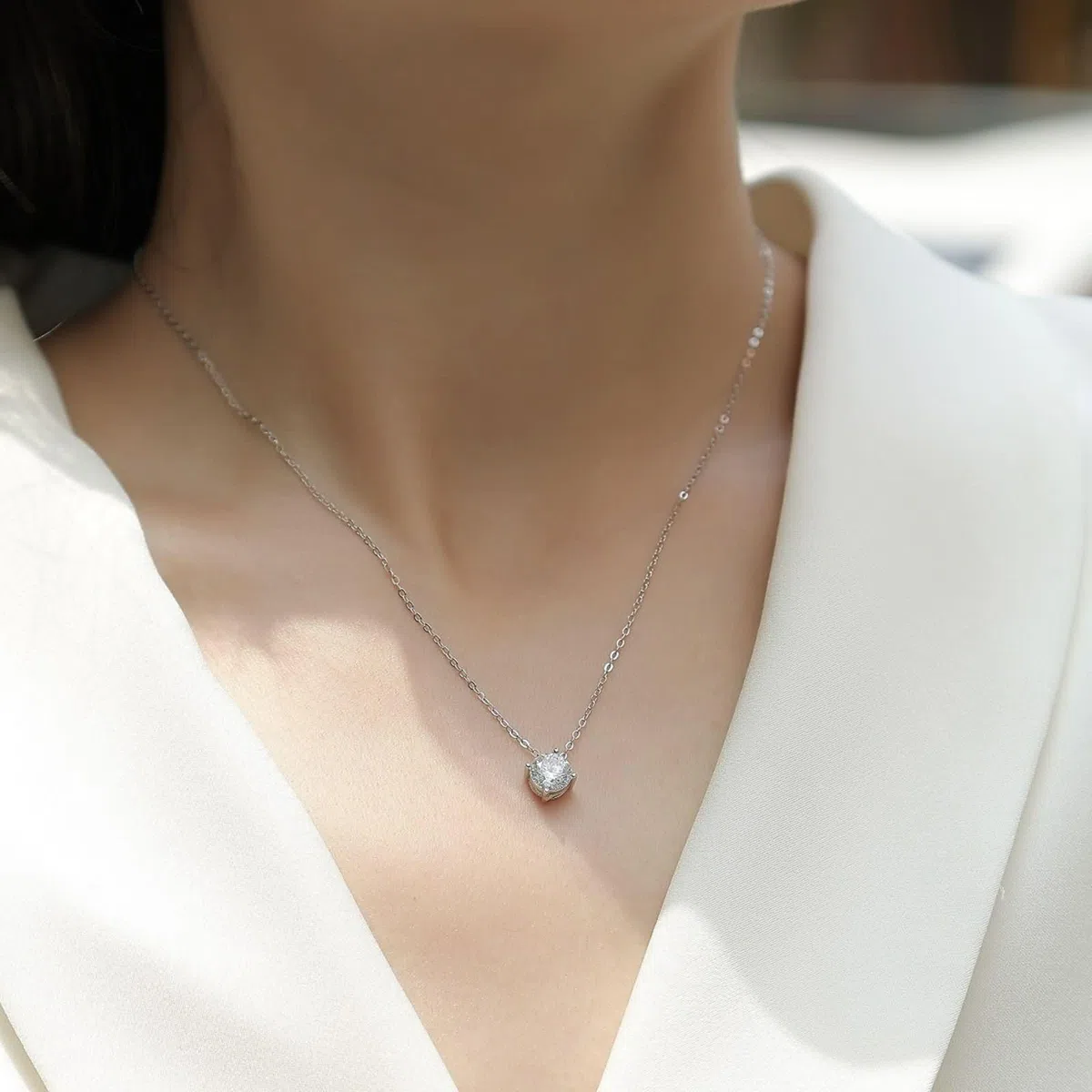 Collar de oro blanco de 9 kt/14 kt/18 quilates para mujer, 4 puntas, solitario redondo con moissanita de 1 quilate, collares de cadena para mujer, plata