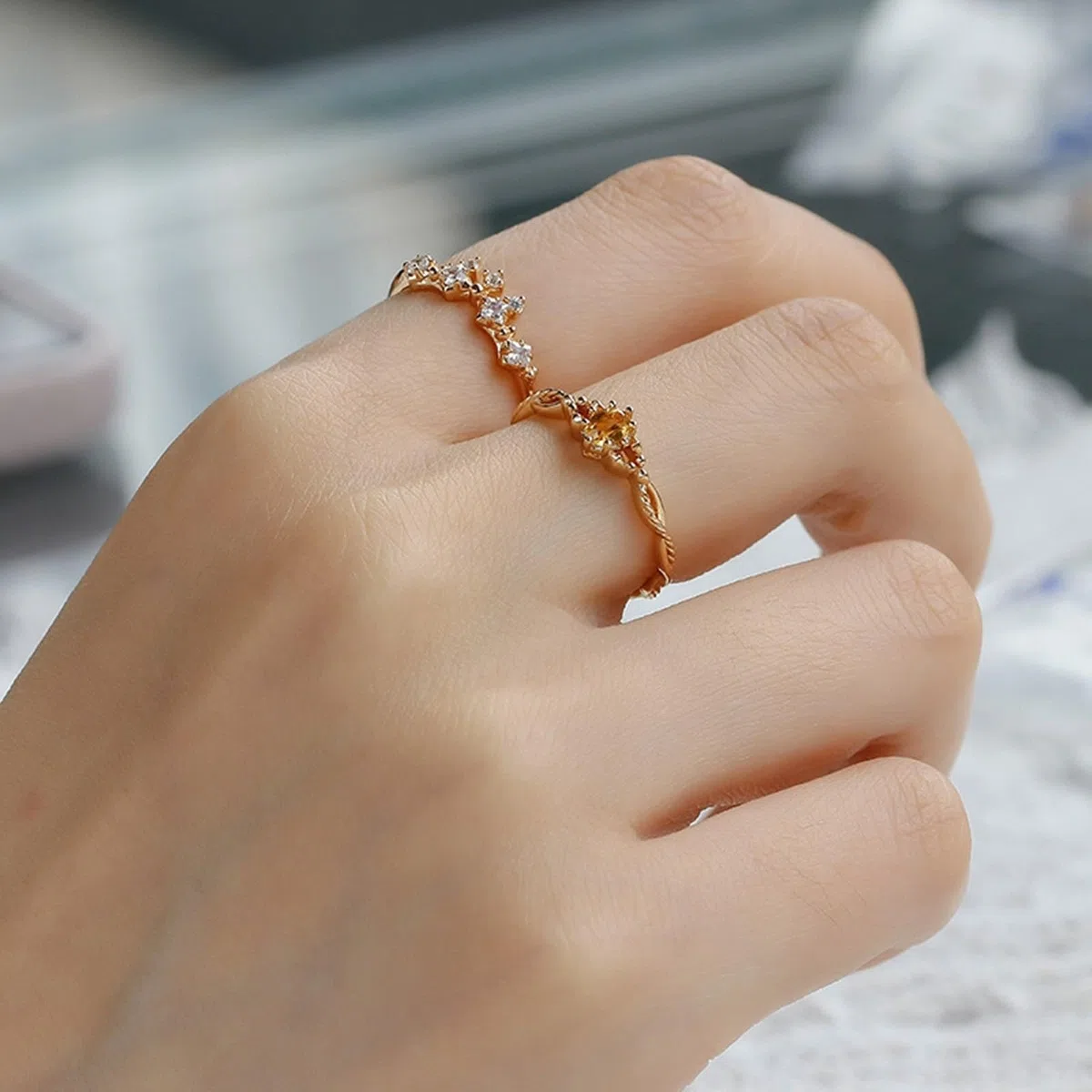 Gold Au 375/585/750 - Juego de 2 anillos de pareja con forma ovalada de citrino