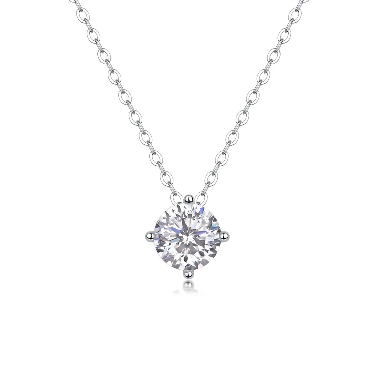 Collar de oro blanco de 9 kt/14 kt/18 quilates para mujer, 4 puntas, solitario redondo con moissanita de 1 quilate, collares de cadena para mujer, plata