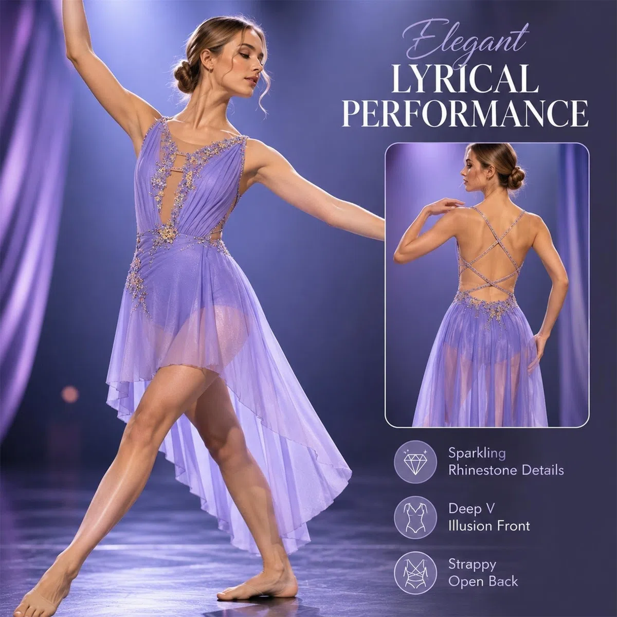 Vestido danza lírica mujer juvenil con pedrería y espalda abierta