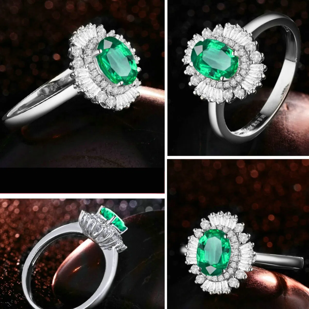Anillo de compromiso de boda para mujer, oro blanco de 18 quilates, 14 quilates, 9 quilates, tamaño del anillo de matrimonio H 1/2-V 1/2 flor con esmeralda ovalada de 1,5 quilates y moissanita