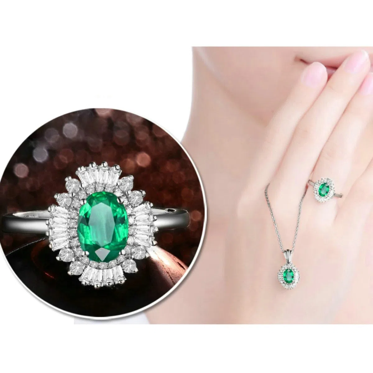 Anillo de compromiso de boda para mujer, oro blanco de 18 quilates, 14 quilates, 9 quilates, tamaño del anillo de matrimonio H 1/2-V 1/2 flor con esmeralda ovalada de 1,5 quilates y moissanita