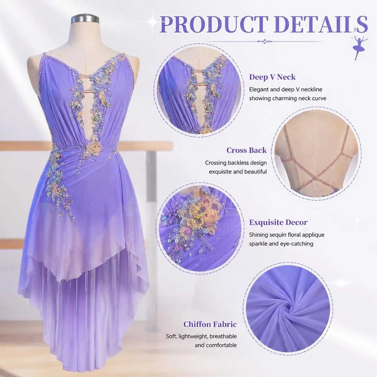 Vestido danza lírica mujer juvenil con pedrería y espalda abierta