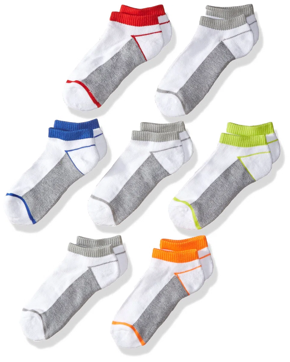 Fruit of the Loom Boys' Big 6 Pack No Show Eveyday Active Socks, White/red/Gray/Orange/Green/Blue, Shoe Size 9-2.5 Medium