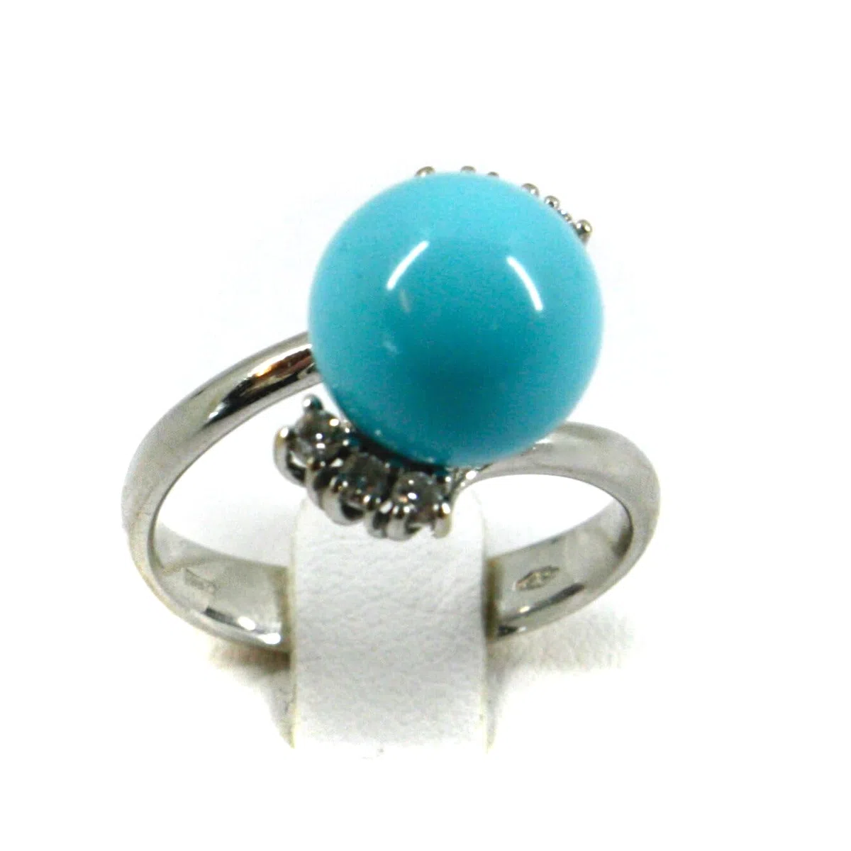 Generico Anillo de oro blanco de 18 quilates 750 con bola central de pasta de turquesa de 10 mm y 6 diamantes., Oro, Pasta de turquesa Diamante