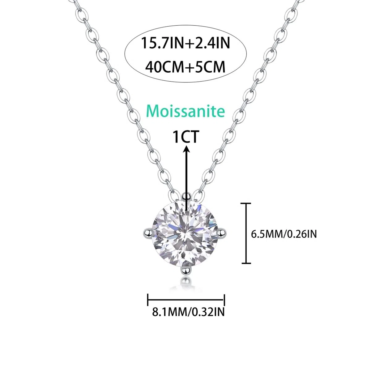 Collar de oro blanco de 9 kt/14 kt/18 quilates para mujer, 4 puntas, solitario redondo con moissanita de 1 quilate, collares de cadena para mujer, plata
