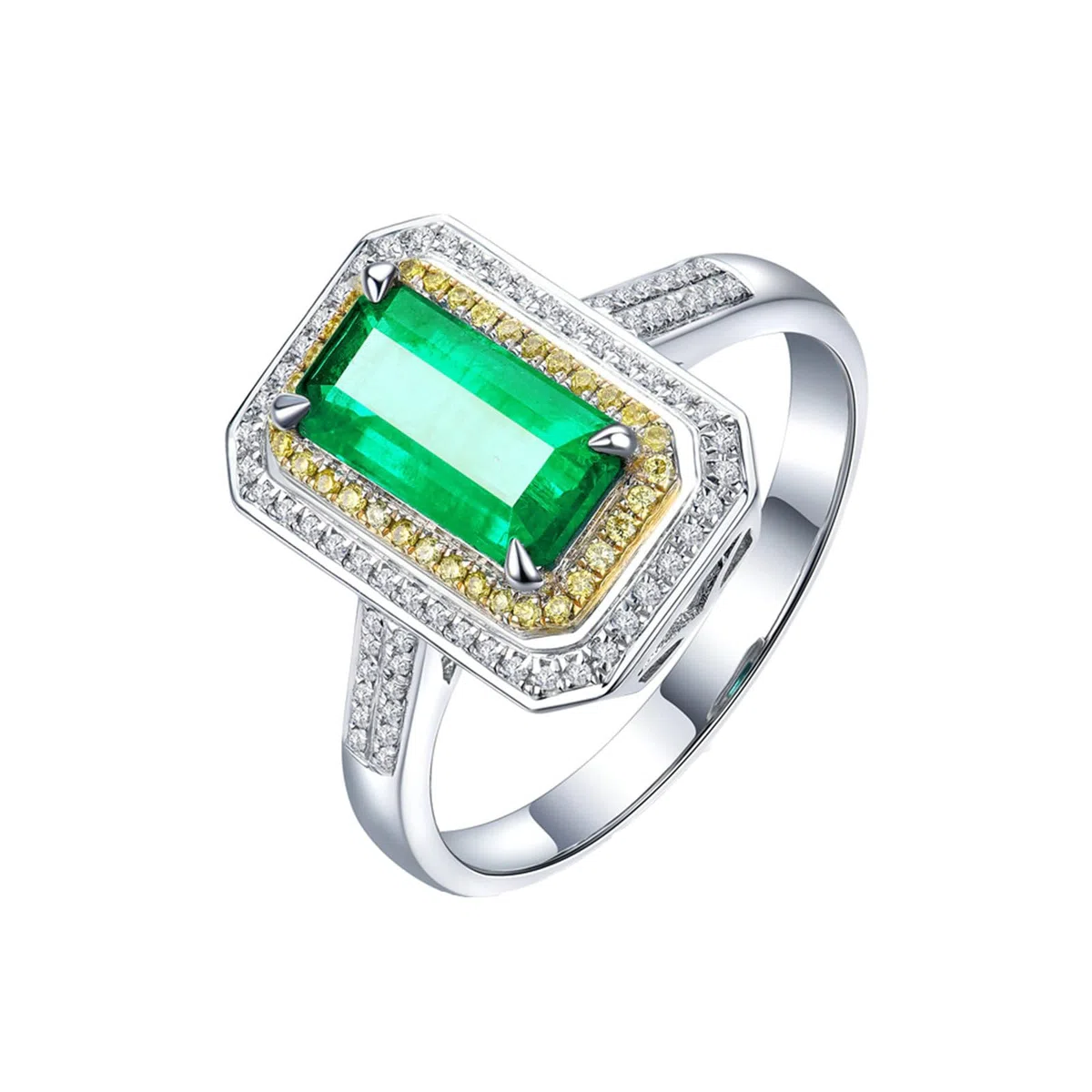 Anillo de oro blanco 750 585 375 para mujer, talla 47 (15,0) 65 (20,7), alianzas individuales para mujer, 4 puentes, engaste con esmeralda de 1,6 quilates y moissanita