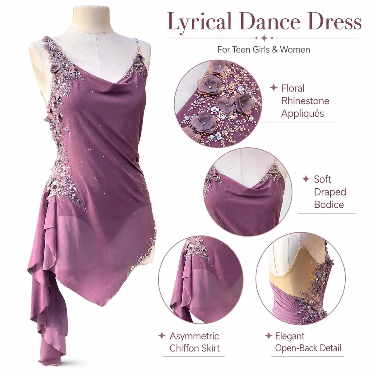 Vestido danza lírica mujer juvenil con flores, pedrería y drapeado