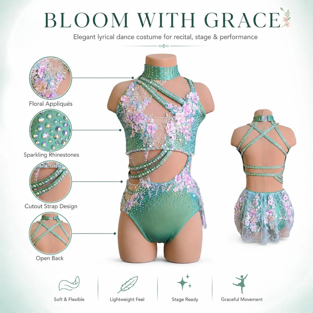 Traje de danza lírica mujer juvenil, conjunto floral 2 piezas