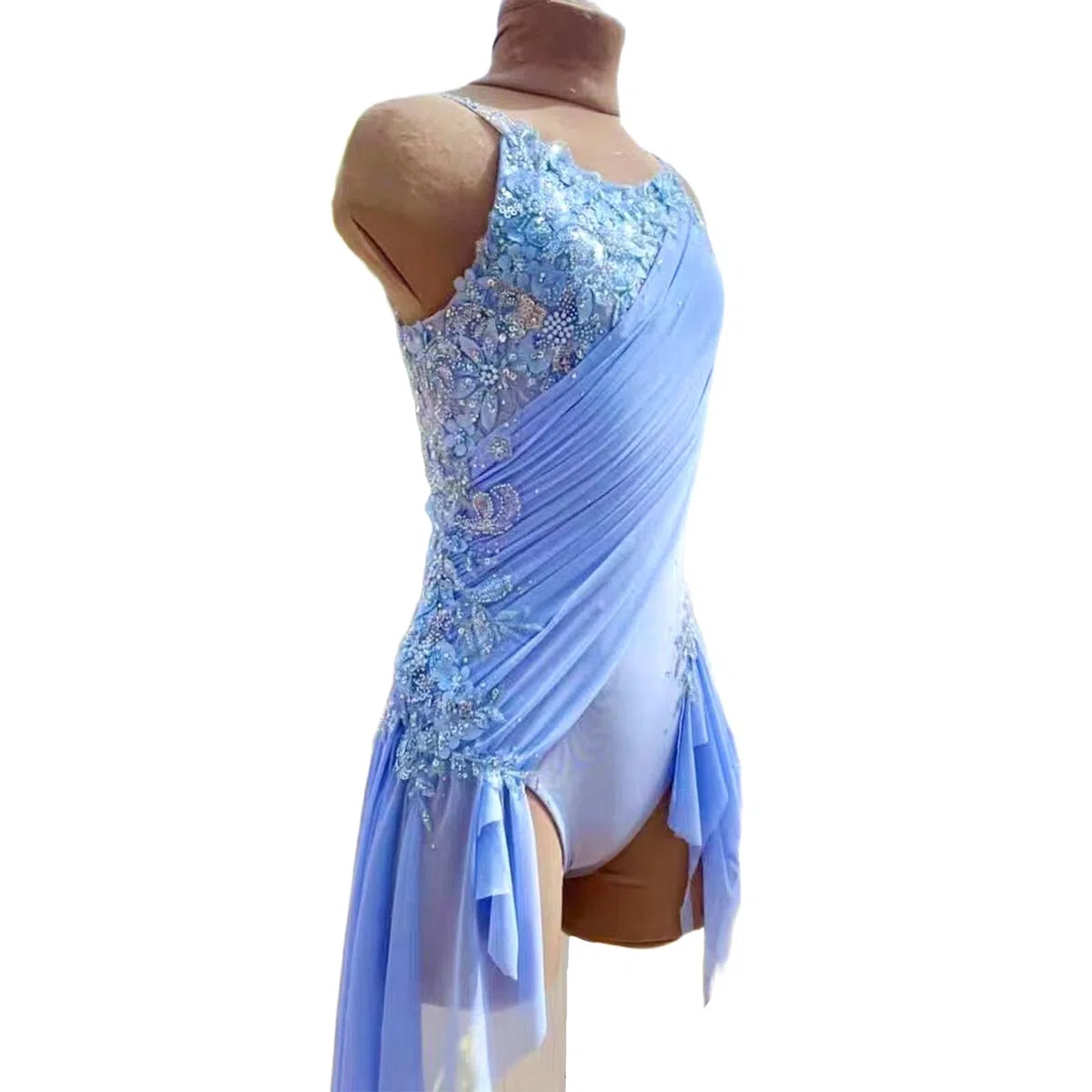 Vestido danza lírica mujer juvenil con pedrería, drapeado y espalda abierta