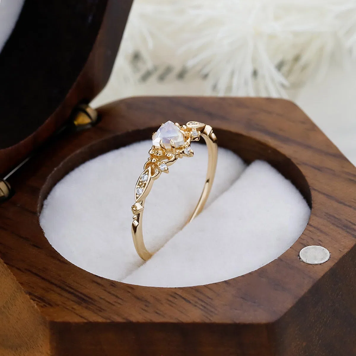 Anillo de compromiso de oro de 9 quilates, 14 quilates y 18 quilates para mujer, anillo vintage de filigrana y piedra lunar, oro auténtico